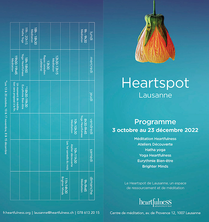Voici le programme pour octobre, novembre et décembre au Heartspot de Centre Méditation Heartfulness Lausanne